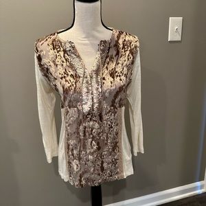 Vintage Anthropologie cream and brown floral sequined bohemian-styles jersey.